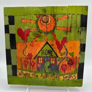 Vtg Stephanie Burgess Folk Art Vibrant Wall Plaque. “Where The Adventure Begins”